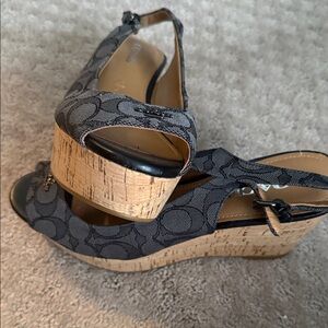 Coach Black and Tan Wedge Sandals